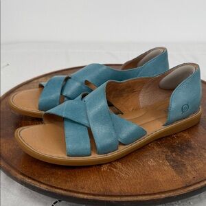 Born Sandals Wm 9 M Ithica Teal Blue Leather Open Toe Flat Cut Out BR0054921